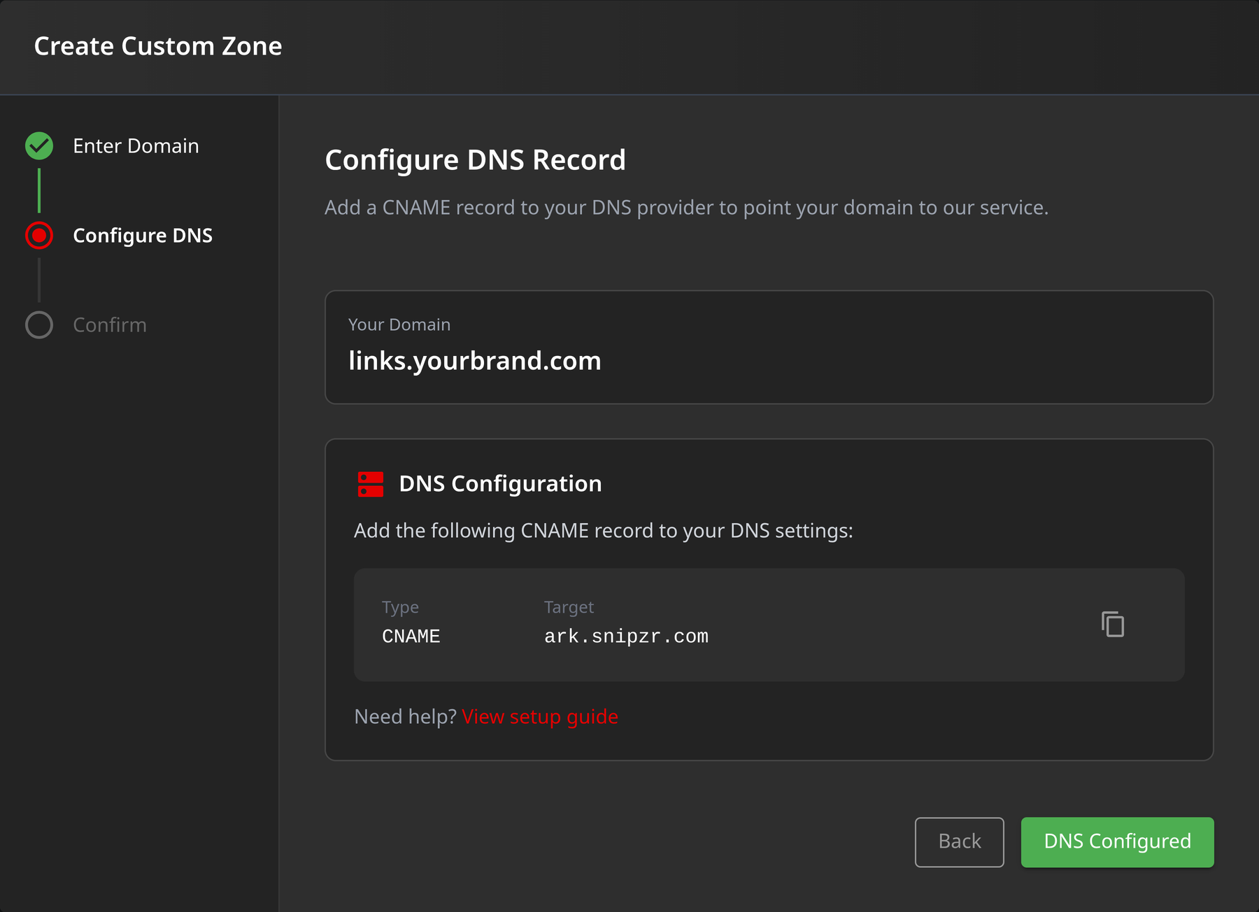 Custom domain setup showing the DNS records to add